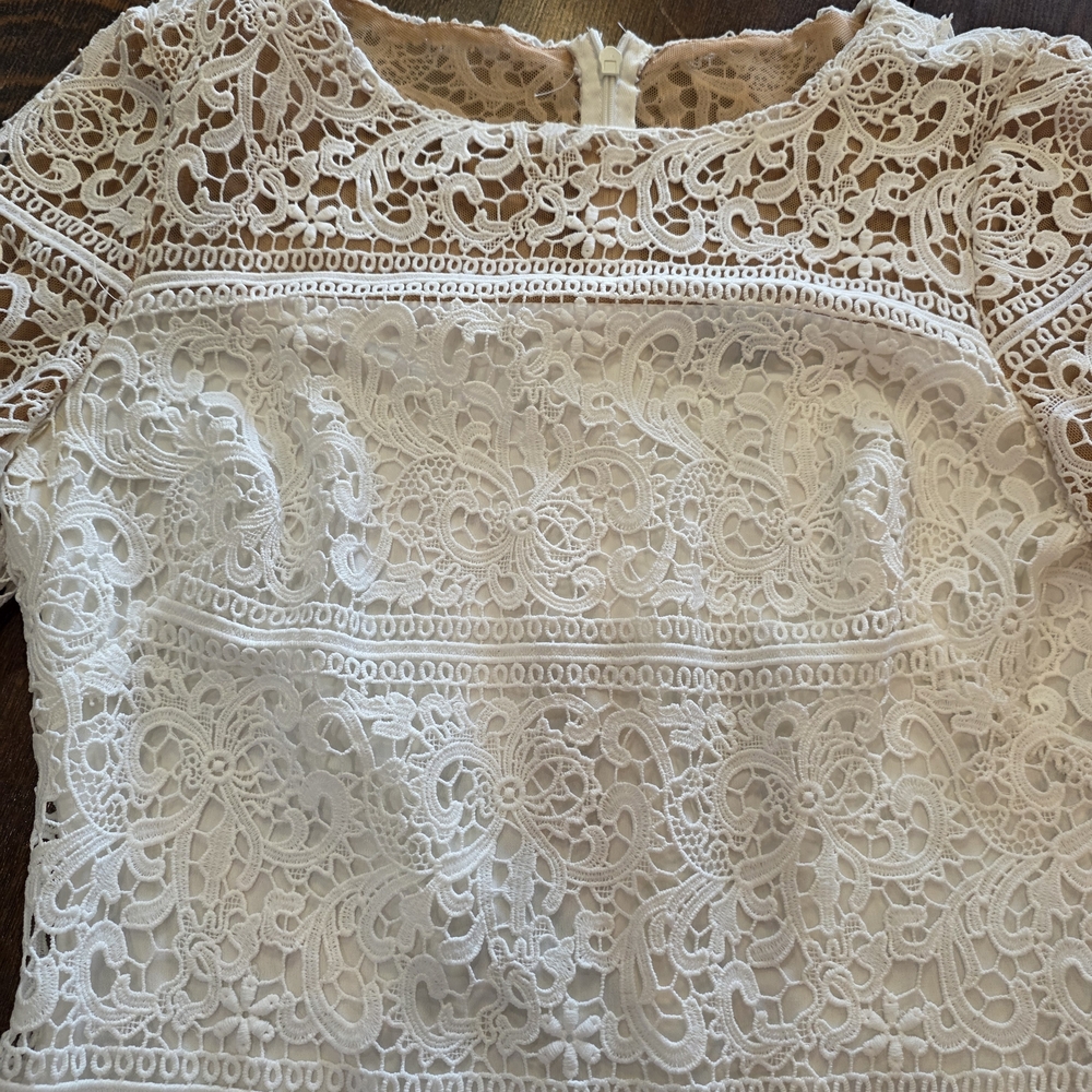 Lauren Ralph Lauren white lace tan underlay top bell-sleeve sheath dress Size 2 - Picture 3 of 13